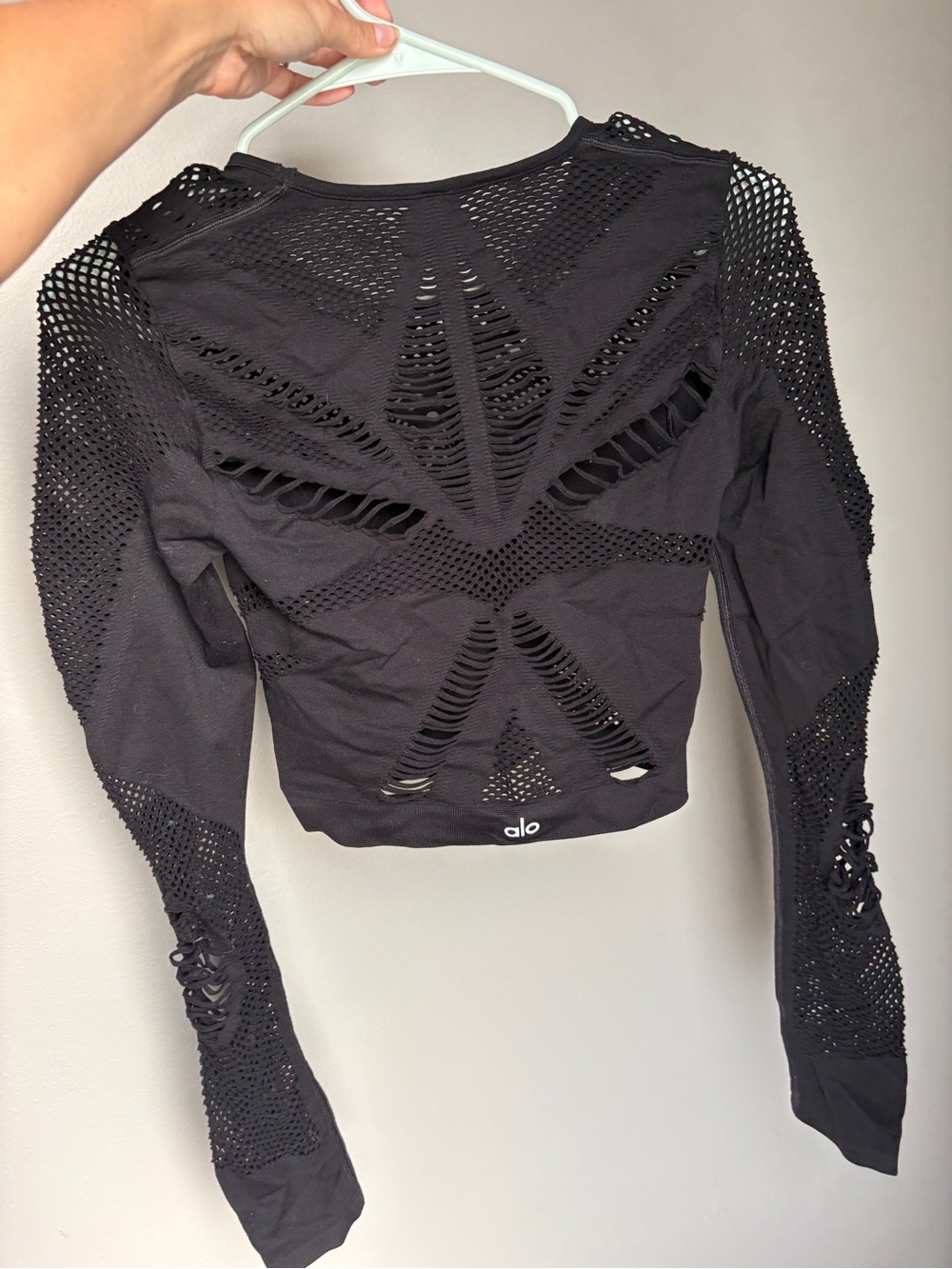 ALO Black Crochet-Inset Patterned Mesh Long Sleeve Top